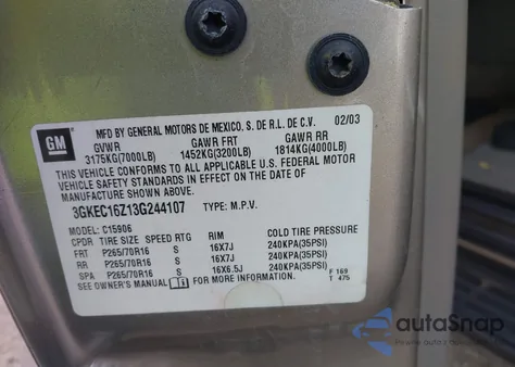 2003 GMC Yukon Xl 1500 Slt z USA, uszkodzony, nr VIN 3GKEC16Z13G244107